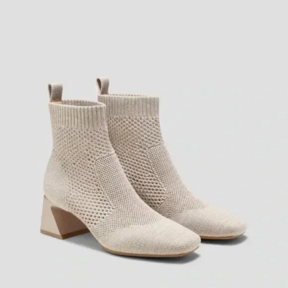 Vivaia Melissa Square-Toe Perforated Heeled Sock Boots in Oatmilk - Picture 1 of 6